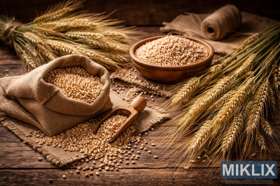 Зрна јечма у врећи од вреће и дрвена посуда са златним стабљикама јечма на рустикалном дрвеном столу