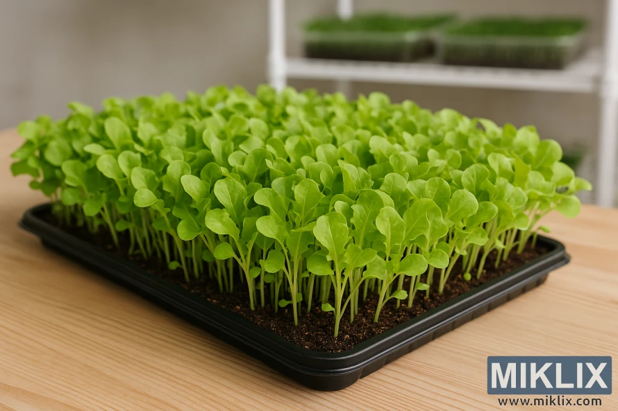 Tray of vibrant lettuce microgreens growing indoors on a wooden surface