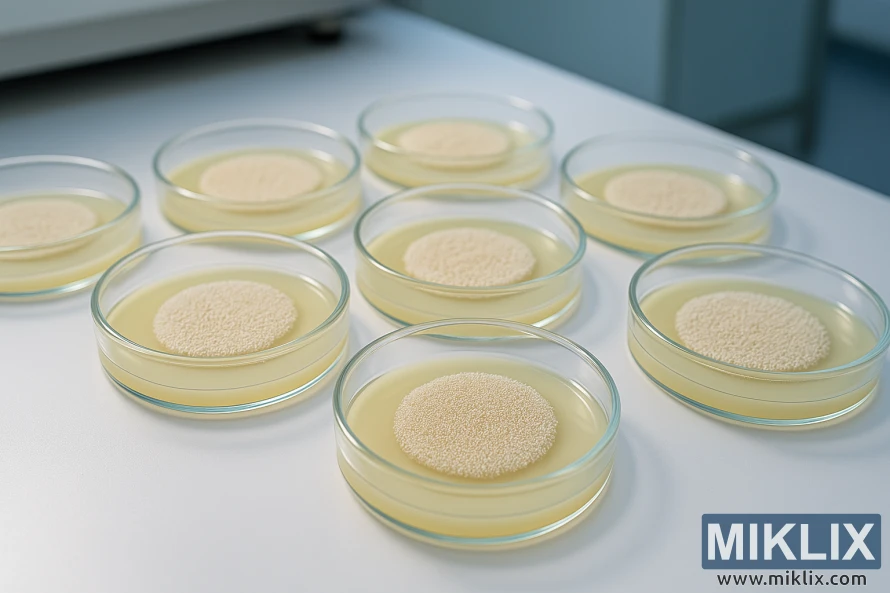 Several Petri dishes with visible brewer’s yeast colonies growing on pale yellow agar in a clean laboratory setting. Several Petri dishes with visible brewer’s yeast colonies growing on pale yellow agar in a clean laboratory setting.