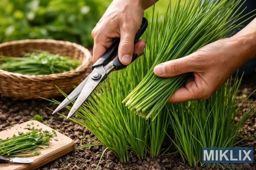 Hands cutting fresh green chives with scissors in a garden bed, with a wicker basket and cutting board nearby.