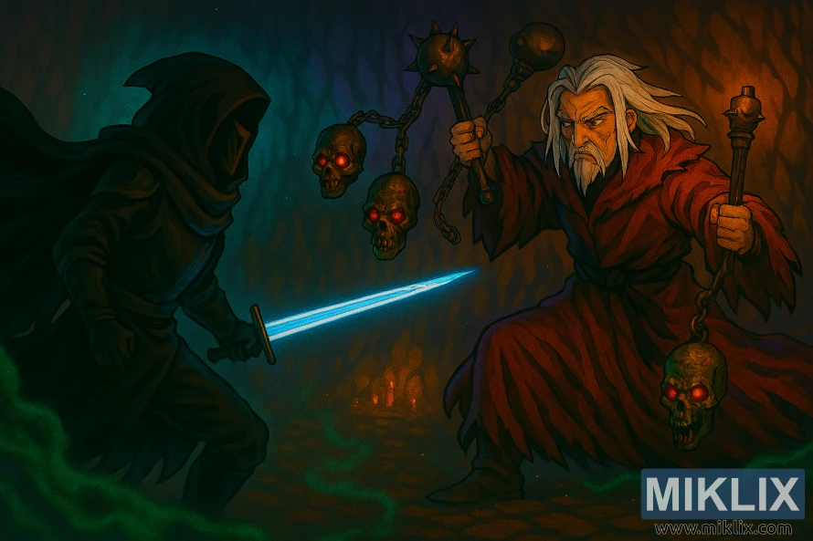 Fan art in stile anime del Tarnished con l'armatura del Coltello Nero incappucciato che combatte contro il Negromante Garris in una caverna Fan art in stile anime del Tarnished con l'armatura del Coltello Nero incappucciato che combatte contro il Negromante Garris in una caverna