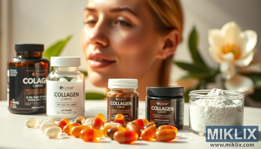 Kollagenhylki, gúmmí og duft með glóandi heilbrigðri húð og náttúrulegum bakgrunni. Kollagenhylki, gúmmí og duft með glóandi heilbrigðri húð og náttúrulegum bakgrunni.