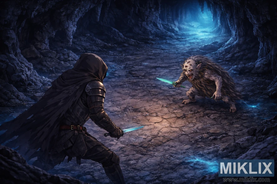 Anime-style fan art viewed from an isometric angle showing the Tarnished in Black Knife armor and the smaller Demi-Human Swordmaster Onze cautiously approaching each other with drawn blades inside an eerie blue-lit cave. Anime-style fan art viewed from an isometric angle showing the Tarnished in Black Knife armor and the smaller Demi-Human Swordmaster Onze cautiously approaching each other with drawn blades inside an eerie blue-lit cave.