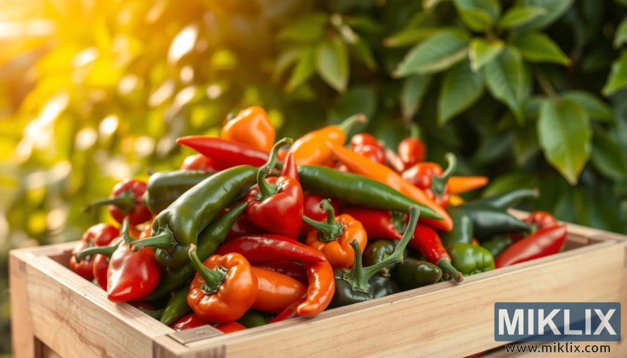 Sveže ubrane crvene, narandžaste i zelene čili papričice u rustikalnom drvenom sanduku. Sveže ubrane crvene, narandžaste i zelene čili papričice u rustikalnom drvenom sanduku.