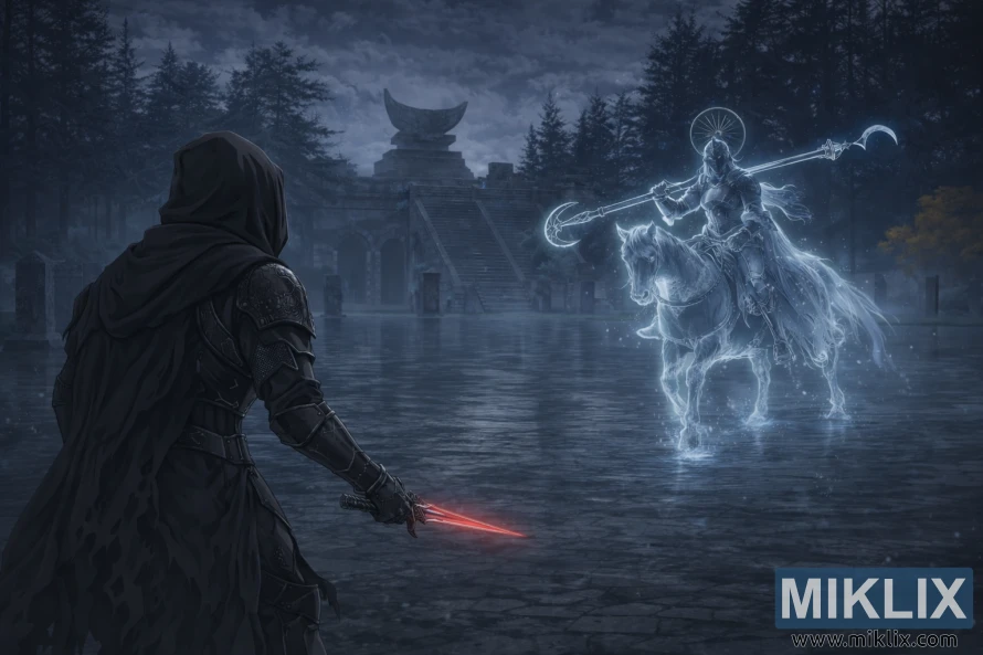 Fan art of Black Knife armor-clad player confronting Royal Knight Loretta in Caria Manor Fan art of Black Knife armor-clad player confronting Royal Knight Loretta in Caria Manor