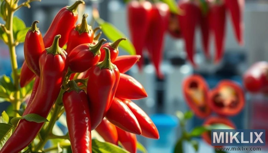Crvene čili papričice, neke narezane otvorene, sa zamagljenom laboratorijskom pozadinom u toplom svetlu. Crvene čili papričice, neke narezane otvorene, sa zamagljenom laboratorijskom pozadinom u toplom svetlu.