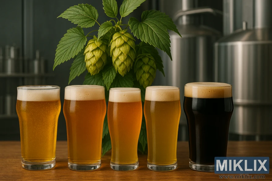 Flukt av håndverksøl med Mosaic humlebine og moderne bryggeribakgrunn i varmt lys. Flukt av håndverksøl med Mosaic humlebine og moderne bryggeribakgrunn i varmt lys.