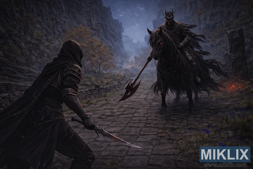 Fan art de Elden Ring ao estilo anime mostrando o Maculado à esquerda frente a uma imponente Cavalaria da Noite na Estrada Bellum, com uma vista mais ampla que revela falésias, névoa e um céu noturno estrelado.