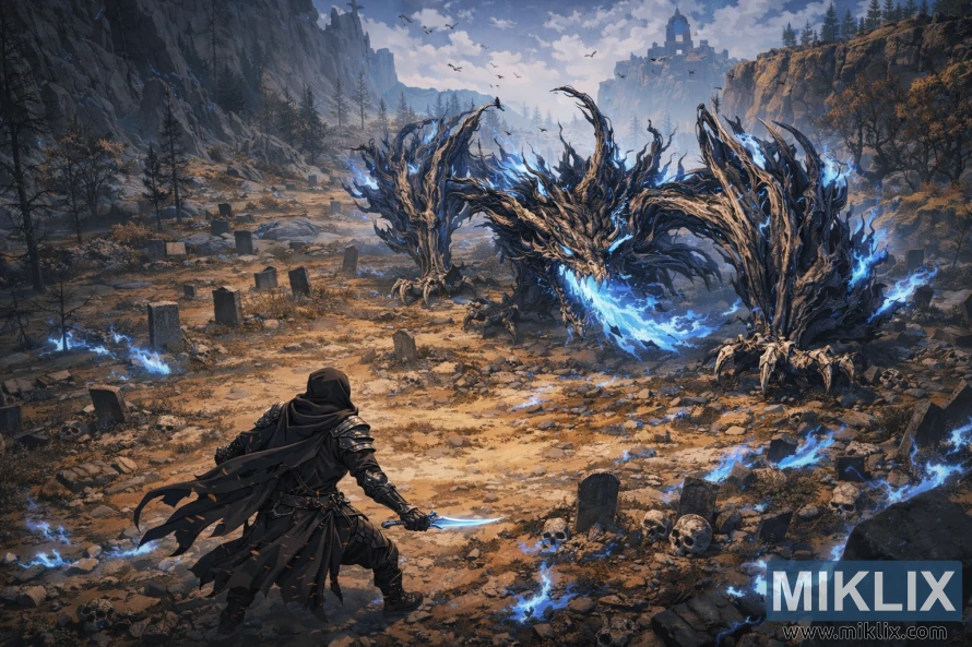 Isometric anime-style view of the Tarnished seen from behind facing the Ghostflame Dragon across a grave-filled battlefield in Elden Ring.