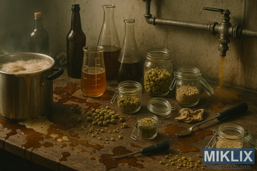 Estación de preparación desordenada con derrames, olla hirviendo y válvula defectuosa que pierde líquido. Estación de preparación desordenada con derrames, olla hirviendo y válvula defectuosa que pierde líquido.