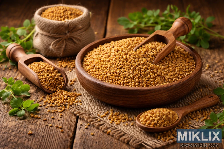 Fenugreek seeds in a wooden bowl and scoops on a rustic wooden table with burlap and fresh green leaves Fenugreek seeds in a wooden bowl and scoops on a rustic wooden table with burlap and fresh green leaves