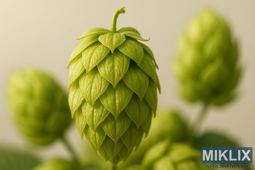 Primer plano de conos de lúpulo Admiral con tono verde y brillo dorado bajo la cálida luz del sol. Primer plano de conos de lúpulo Admiral con tono verde y brillo dorado bajo la cálida luz del sol.