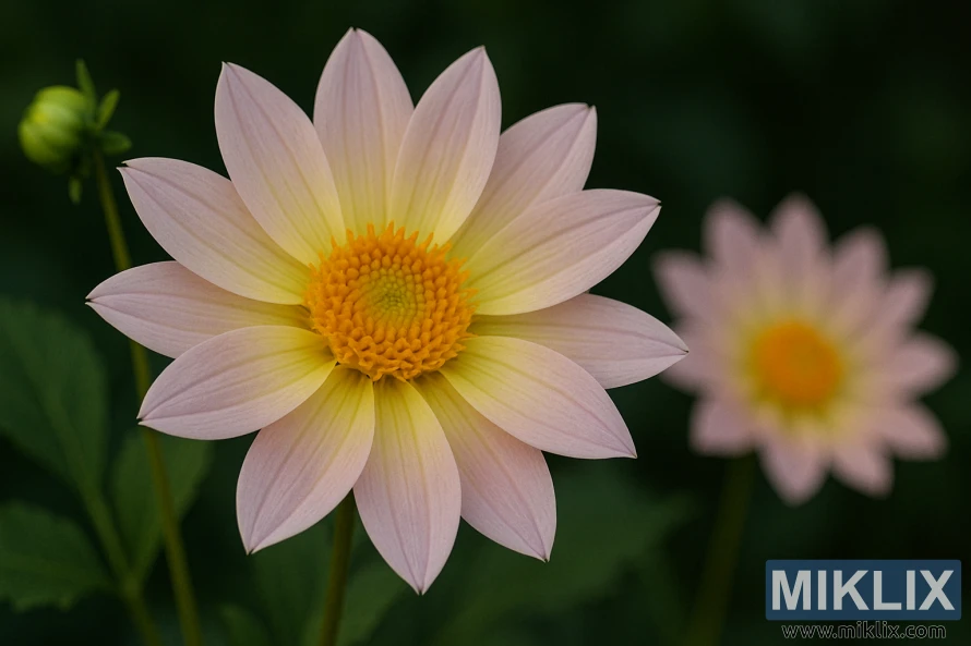 Close-up of a Happy Butterfly dahlia with pink, yellow, and lavender-tipped petals.