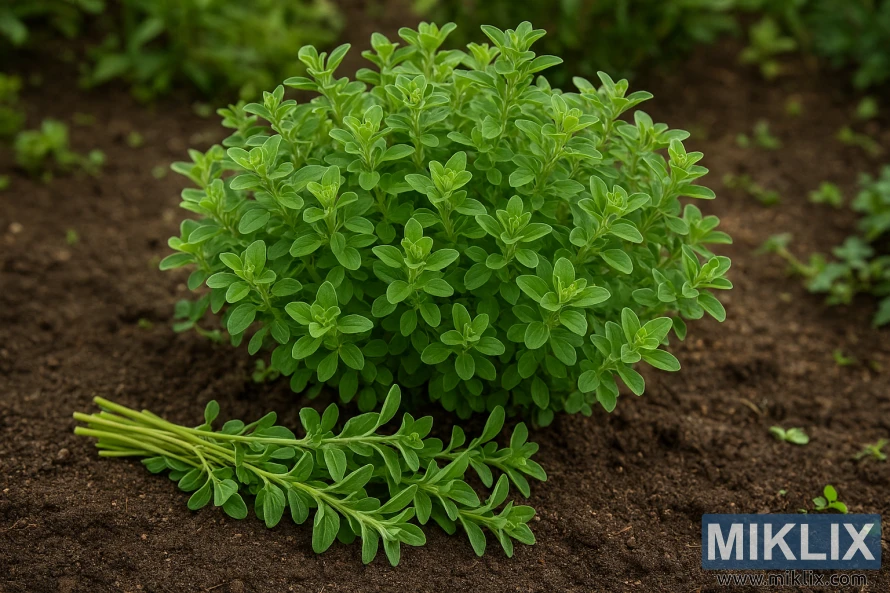Lush marjoram plant in garden with harvested sprigs on soil