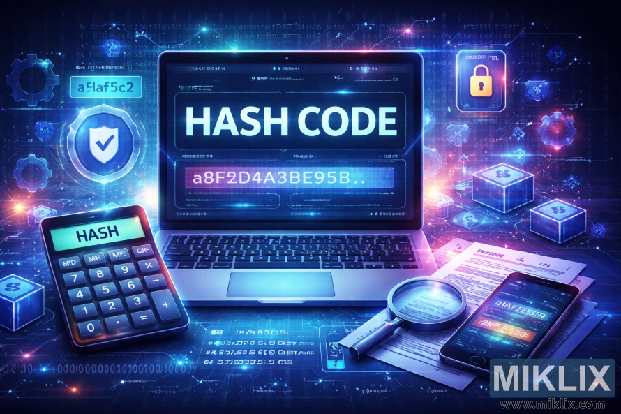 Ilustrácia notebooku zobrazujúceho výstup hash kódu obklopeného kalkulačkou, smartfónom a ikonami digitálneho zabezpečenia v high-tech prostredí. Ilustrácia notebooku zobrazujúceho výstup hash kódu obklopeného kalkulačkou, smartfónom a ikonami digitálneho zabezpečenia v high-tech prostredí.