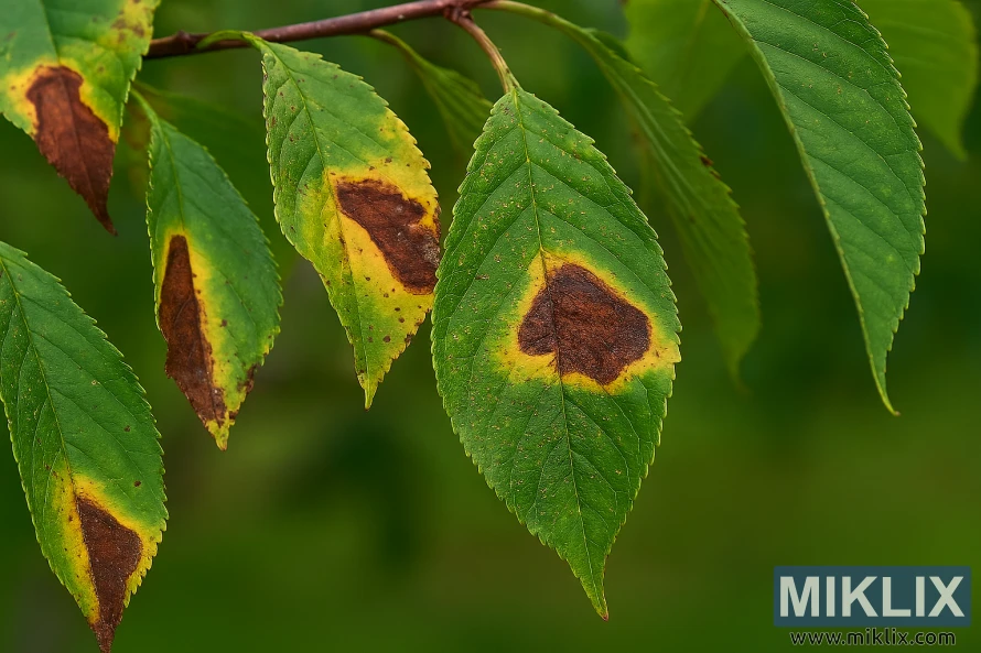 Фотография крупным планом листьев плакучей вишни, на которых видны повреждения, нанесенные вредителями, и симптомы болезней, такие как язвы, скручивание и изменение цвета. Фотография крупным планом листьев плакучей вишни, на которых видны повреждения, нанесенные вредителями, и симптомы болезней, такие как язвы, скручивание и изменение цвета.