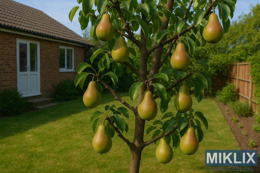 Pear tree with ripe fruit in a summer garden beside a brick house. Pear tree with ripe fruit in a summer garden beside a brick house.