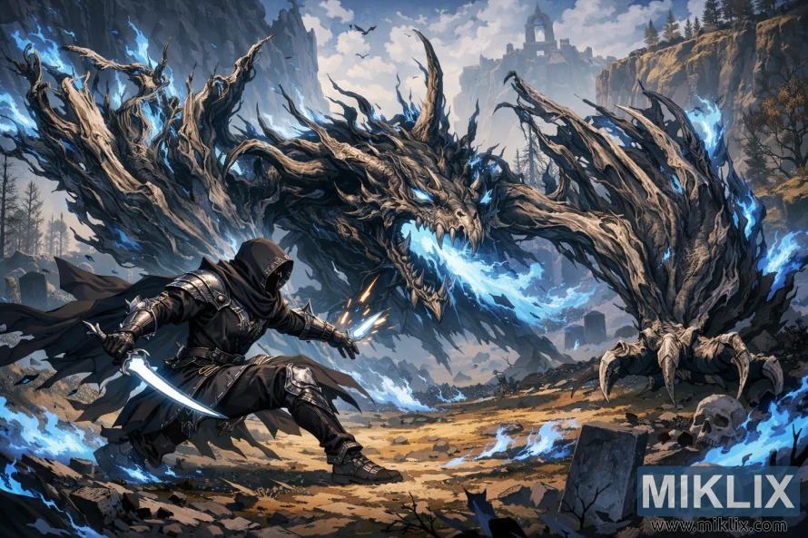 Anime-style fan art of the Tarnished in Black Knife armor lunging at a Ghostflame Dragon amid graves and ruins in the Elden Ring Gravesite Plain.