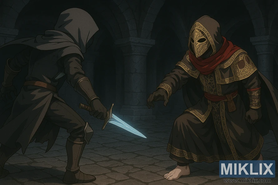 Anime-style scene of the Tarnished in Black Knife armor facing a masked Sanguine Noble inside a dark stone dungeon beneath ancient ruins.