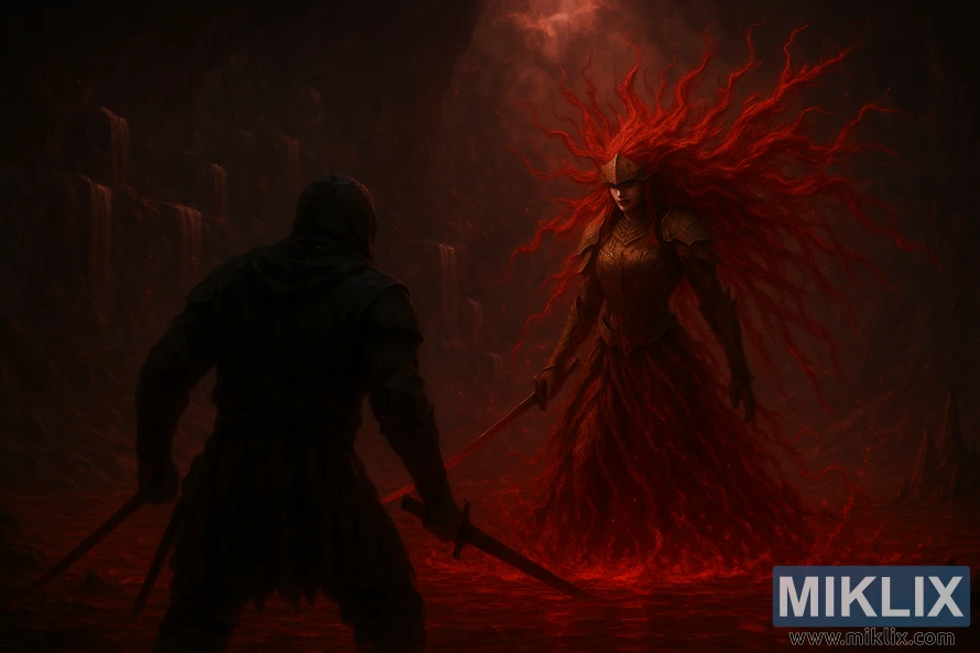 Fan art of a Black Knife assassin clashing with Malenia, Blade of Miquella, in a dark cavern.