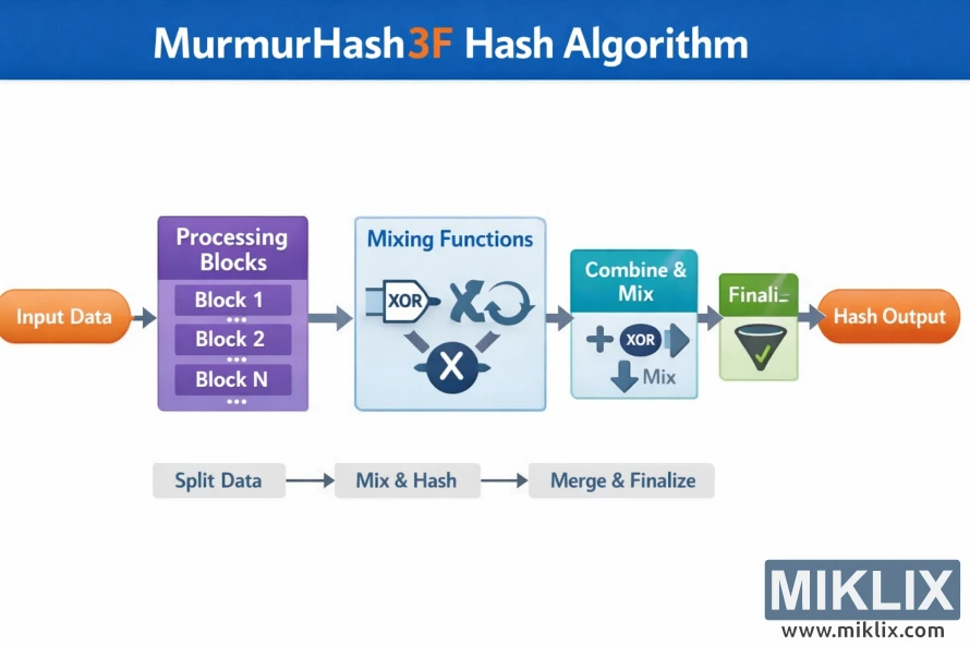 Landscape infographic showing a high level flow of the MurmurHash3F hashing algorithm from input data through block processing, mixing, combining, finalization, and hash output.