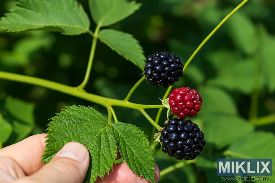 Lygūs, be dyglių gervuogių stiebai su prinokusiomis uogomis ir vešliais žaliais lapais sodo aplinkoje Lygūs, be dyglių gervuogių stiebai su prinokusiomis uogomis ir vešliais žaliais lapais sodo aplinkoje