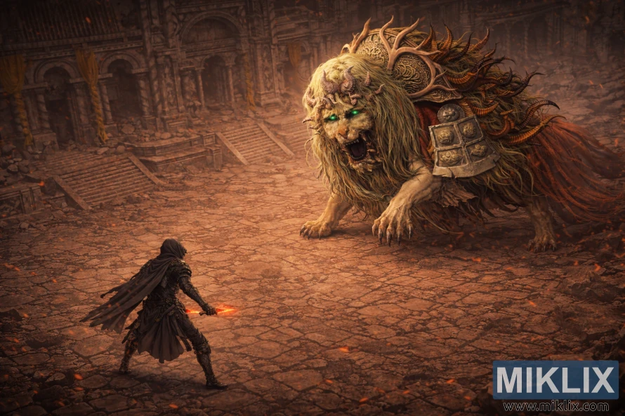 Isometric anime fan art showing the full body of the Tarnished in Black Knife armor facing a gigantic Divine Beast Dancing Lion in a ruined cathedral courtyard.