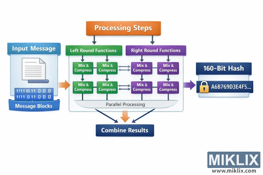 Landscape infographic showing how an input message is preprocessed, split into parallel processing paths, transformed through rounds, and merged into a 160-bit hash output.