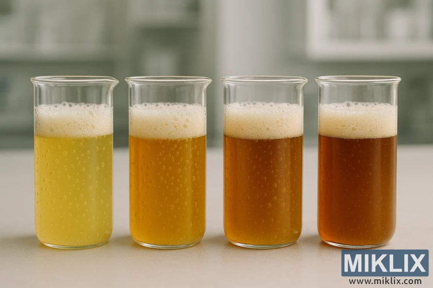 Red čaša sa različitim sojevima kvasca fermentacije na dobro osvetljenoj laboratorijskoj klupi.