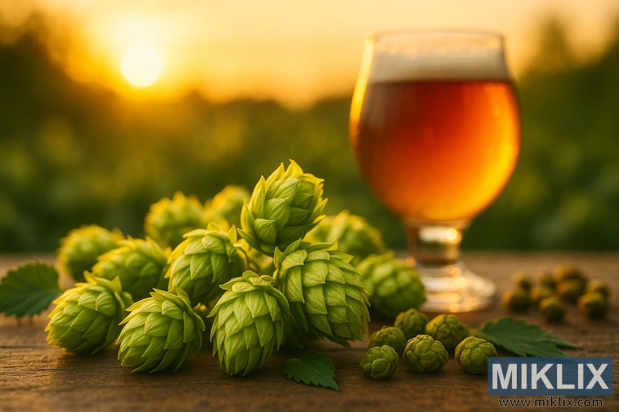 Nærbilde av Sunbeam humle og et glass ravøl i varmt sollys. Nærbilde av Sunbeam humle og et glass ravøl i varmt sollys.