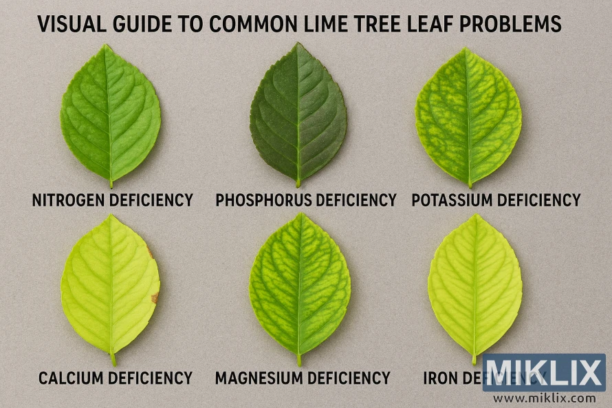 Visual guide showing six lime tree leaves with nutrient deficiency symptoms labeled: nitrogen, phosphorus, potassium, calcium, magnesium, and iron.