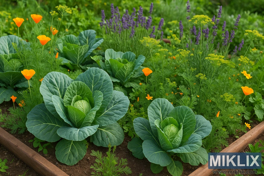 Podignuta vrtna gredica sa zdravim biljkama kupusa okružena makovima, koprom i lavandom. Podignuta vrtna gredica sa zdravim biljkama kupusa okružena makovima, koprom i lavandom.