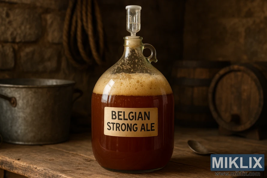 Escena rústica de elaboración de cerveza casera con una damajuana de vidrio fermentando cerveza Belgian Strong Ale sobre una superficie de madera desgastada.