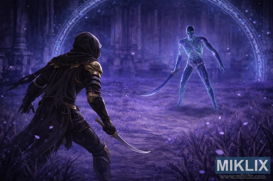 Een brede, anime-achtige fanart van Elden Ring, waarop de Tarnished van achteren te zien is in een zwart mespantser, tegenover de gloeiende Onyx Lord in de Royal Grave Evergaol, vlak voor het gevecht.