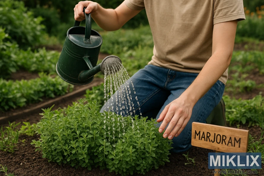 Gardener watering marjoram plants with a metal watering can in a lush garden