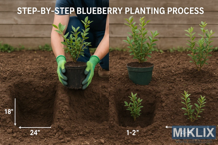 Four-step visual guide showing how to plant blueberry bushes with correct hole depth, soil level, and spacing between plants.