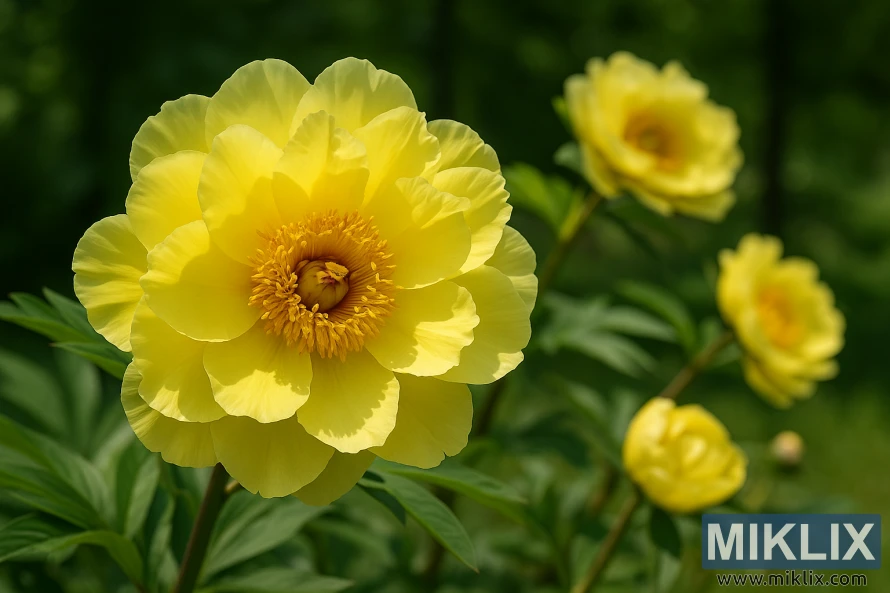 A close-up of a High Noon tree peony with large golden-yellow petals and vibrant stamens in a lush garden setting.