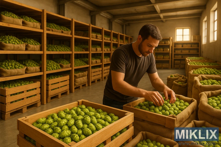 Darbinieks pārbauda Tettnanger apiņus audekla maisos labi apgaismotā noliktavā. Darbinieks pārbauda Tettnanger apiņus audekla maisos labi apgaismotā noliktavā.