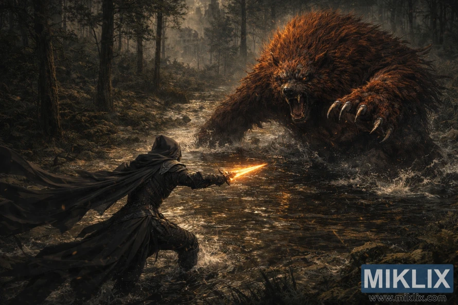 Realistic dark-fantasy scene of the Tarnished in Black Knife armor wading through shallow water toward Ralva the Great Red Bear in a misty forest.