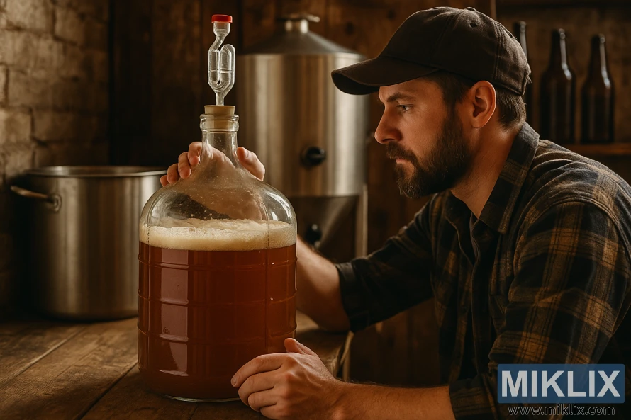Ruudulises särgis habemik kodupruulija jälgib hoolikalt kääriva õllega klaasist kannu soojas ja maalähedases õllepruulimiskeskkonnas.