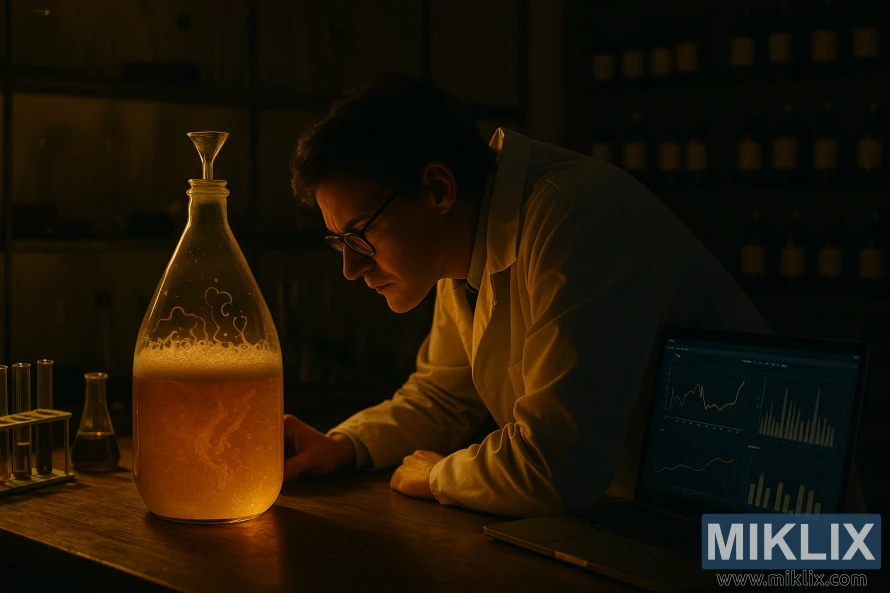 A lab technician in a white coat examines a glowing fermentation vessel in a dimly lit laboratory surrounded by beakers, test tubes, and a laptop showing graphs. A lab technician in a white coat examines a glowing fermentation vessel in a dimly lit laboratory surrounded by beakers, test tubes, and a laptop showing graphs.