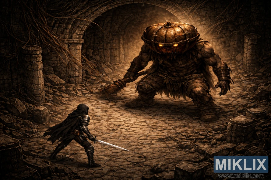 Semi-realistic dark fantasy landscape scene of a Tarnished warrior with a sword confronting a towering Mad Pumpkin Head boss inside ancient underground stone ruins before battle.