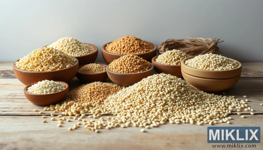 გლუტენის გარეშე მარცვლეულის ასორტი, როგორიცაა ყავისფერი ბრინჯი, კინოა და წიწიბურა, თასებში, რუსტიკულ ზედაპირზე. გლუტენის გარეშე მარცვლეულის ასორტი, როგორიცაა ყავისფერი ბრინჯი, კინოა და წიწიბურა, თასებში, რუსტიკულ ზედაპირზე.