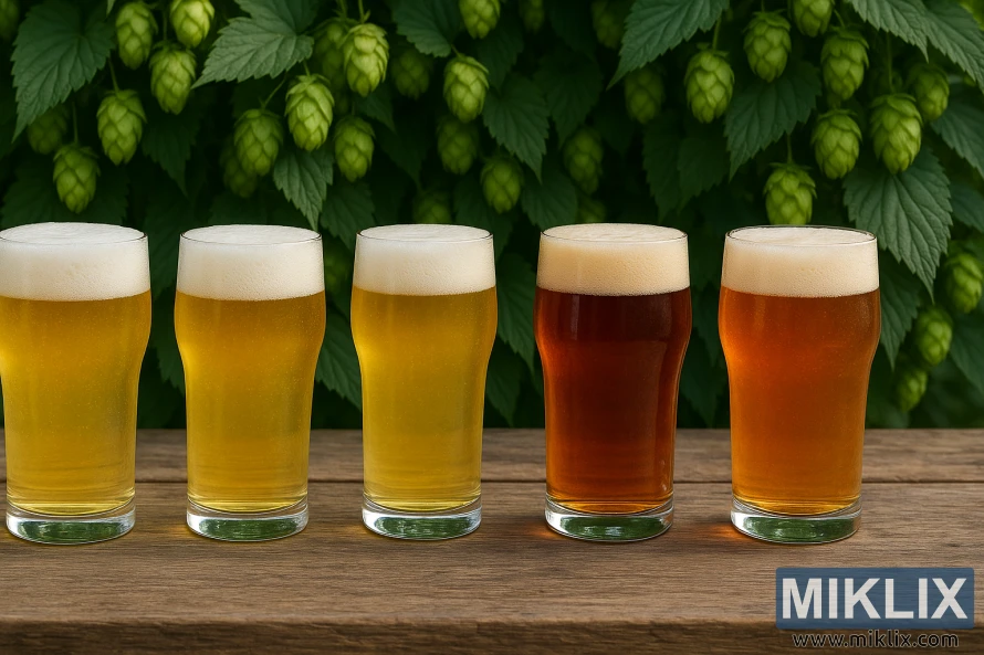 Pet kozarcev različnih stilov piva na rustikalni leseni mizi z zelenimi hmeljem v ozadju.