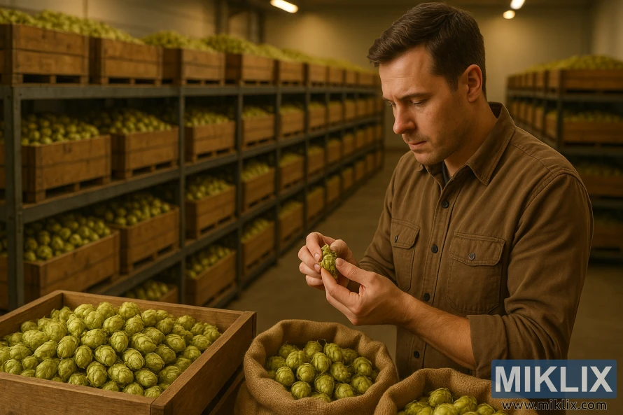 Darbuotojas apžiūri apynius tvarkingai sutvarkytame sandėlyje su medinių dėžių eilėmis, esant šiltam, švelniam apšvietimui. Darbuotojas apžiūri apynius tvarkingai sutvarkytame sandėlyje su medinių dėžių eilėmis, esant šiltam, švelniam apšvietimui.