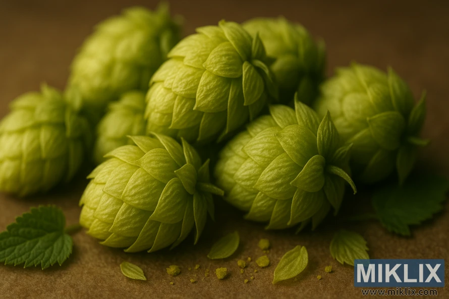 Nærbilde av fersk Sunbeam humle med blader og lupulin under varmt lys. Nærbilde av fersk Sunbeam humle med blader og lupulin under varmt lys.