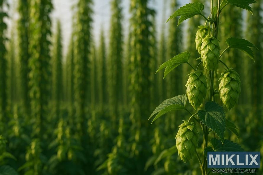 Žalių Celeia apynių spurgų stambus planas saulės apšviestame apynių lauke, fone nykstančiais grotelių spurgomis.