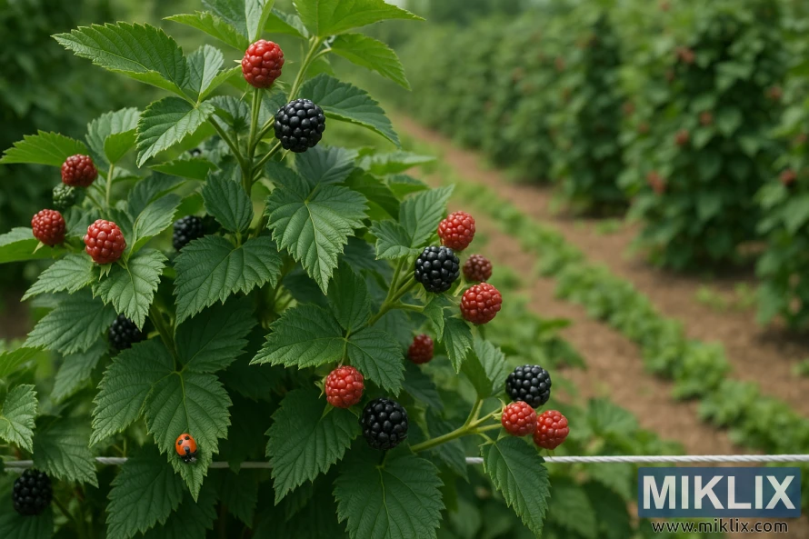 Sveikų gervuogių augalų su prinokusiomis ir neprinokusiomis uogomis bei boružės ant lapo stambus planas dirbamos kultūros lauke. Sveikų gervuogių augalų su prinokusiomis ir neprinokusiomis uogomis bei boružės ant lapo stambus planas dirbamos kultūros lauke.