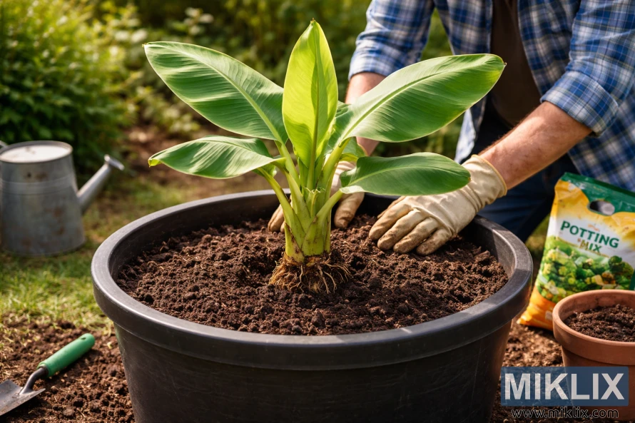 Gardener planting a healthy dwarf banana plant into a large black container filled with rich soil in an outdoor garden.