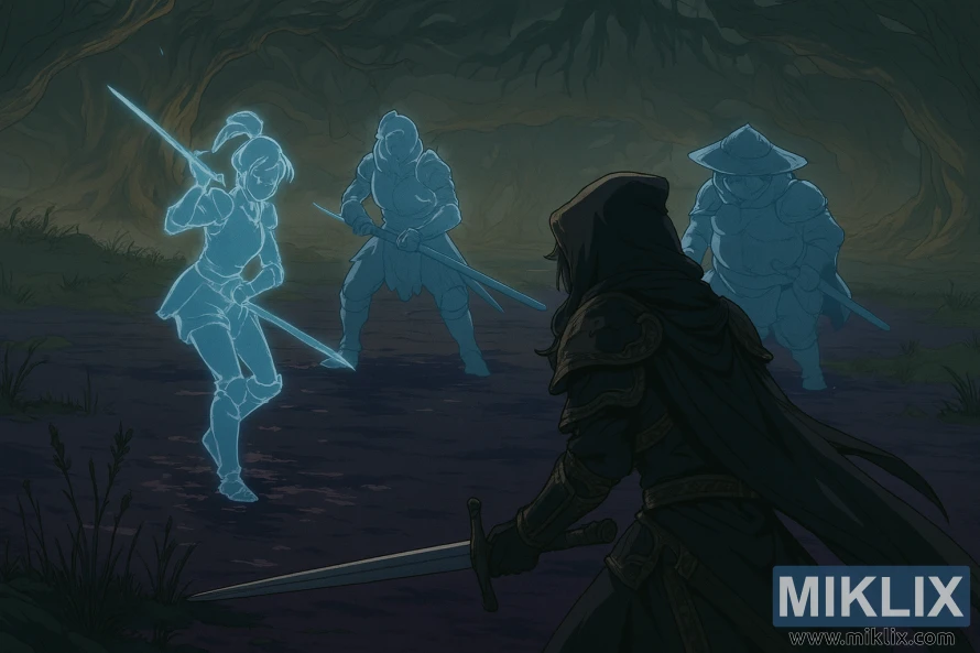 Seni penggemar gaya anime saka Tarnished sing nglawan Champions memedi Fia ing Deeproot Depths Elden Ring.